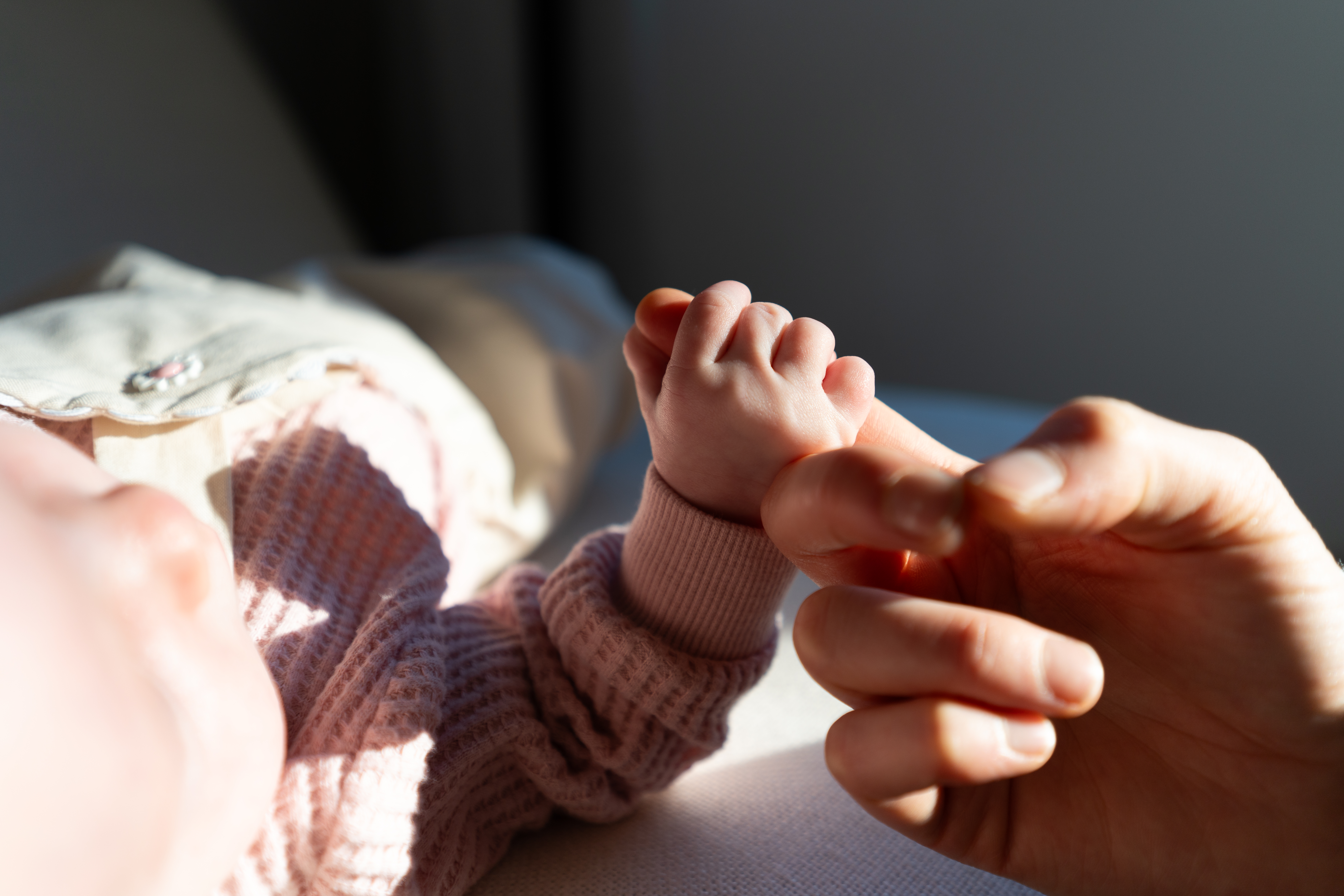 Baby holding adults finger